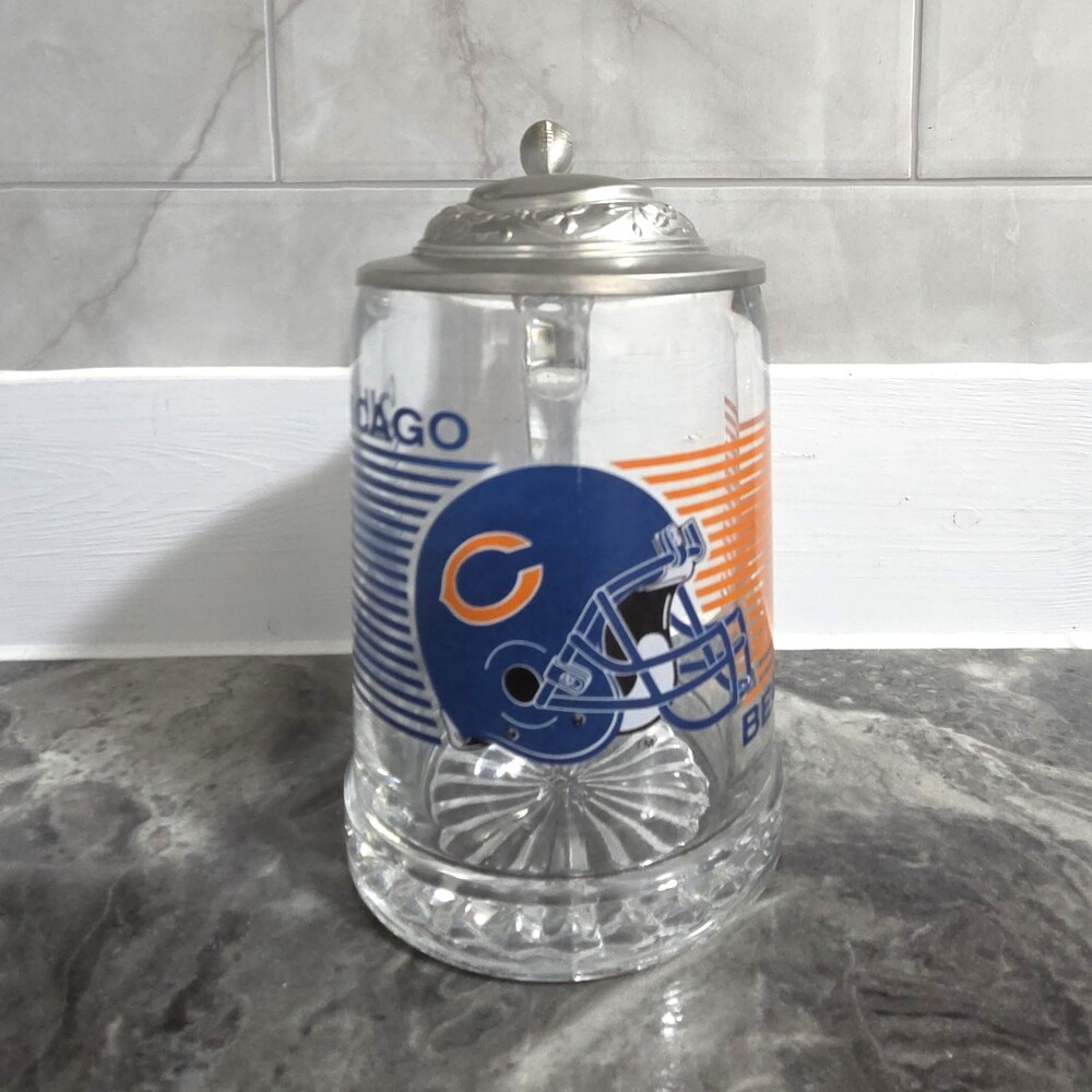 Vintage ALWE Chicago Bears NFL Glass Beer Stein w/ Metal Football Finial Lid